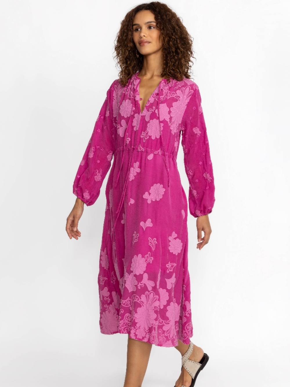 Johnny Was Daisy Leonna Midi Dress, Pink Embroidered Boho Prairie, Size Medium